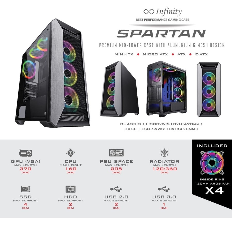 Casing PC Gaming Infinity Spartan Fan RGB Include 4 Fan