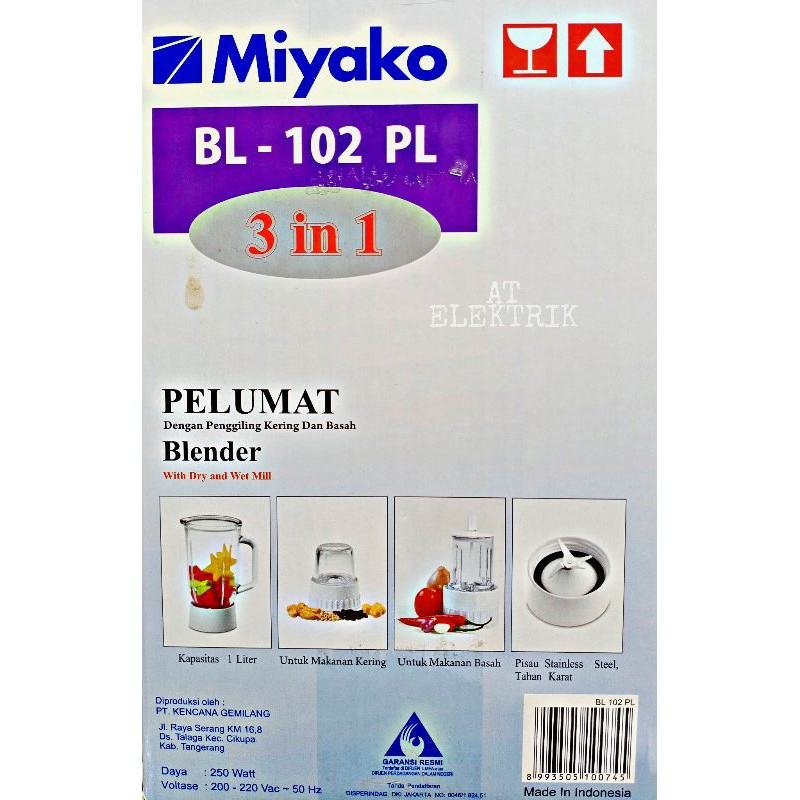 Blender Plastik MIYAKO BL 102 PL 3 IN 1 / Pelumat MIYAKO 3 in 1 ( Kapasitas 1 Liter )