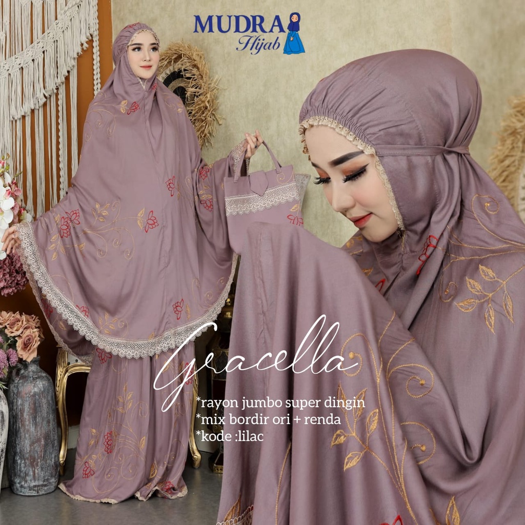 MUKENA GRACELLA ORIGINAL MUDRA HIJAB CANTIK DAN ANGGUN BAHAN RAYON JUMBO SUPER DINGIN MIX RENDA DAN 