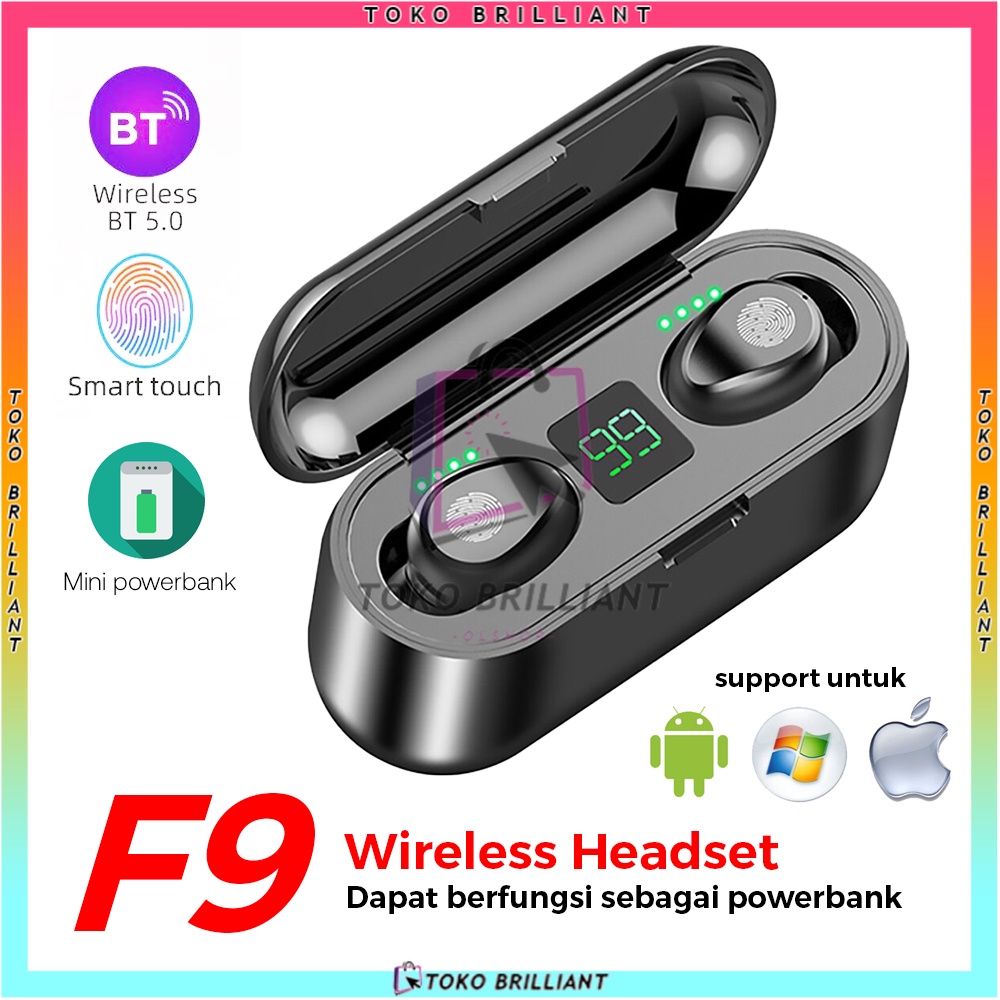 [𝐁𝐈𝐒𝐀 𝐂𝐎𝐃] F9 Headset Bluetooth 5.0 Earphone Wireless TWS F9 9D Stereo Sentuhan Pintar With Mikrofon PowerBank