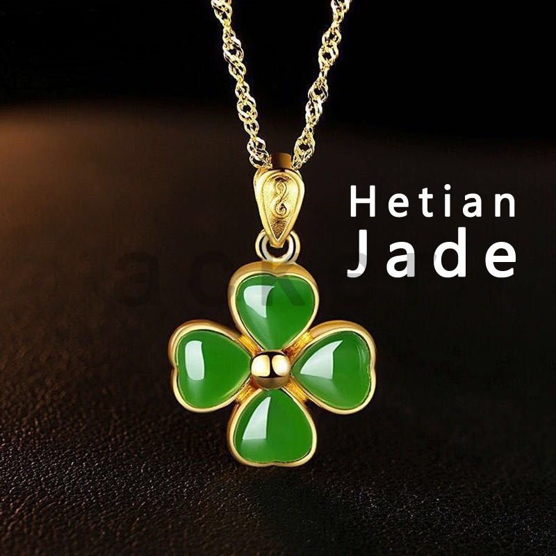 Kalung Giok Hetian Natural Bentuk Clover Untuk Wanita