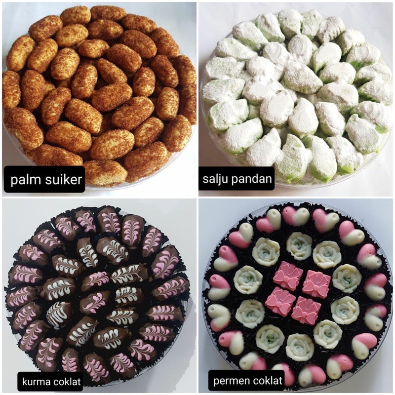 

KUE KERING PALM SUIKER, SALJU PANDAN, KURMA COKLAT, PERMEN COKLAT