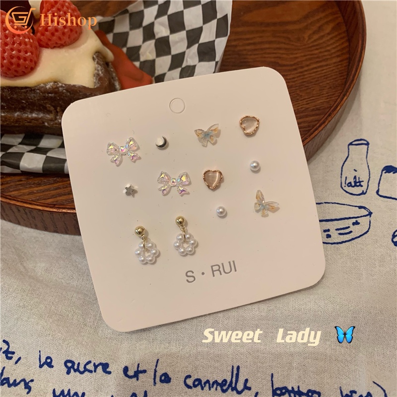 Butterfly Set Anting Stud Desain Kupu-Kupu Hati Pita Bintang Aksen Mutiara Untuk Wanita