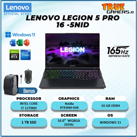 LENOVO LEGION 5 PRO 16 RTX3060 6GB I7 12700H 16GB 1TBSSD  W11+OHS 16WQXGA IPS 165HZ 100SRGB 4RGB garansi 3YR+3ADP