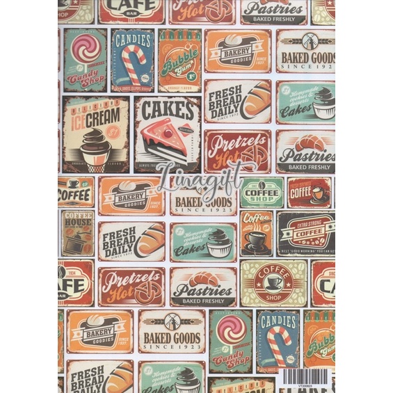 ( 5 Lembar ) KERTAS KADO VL CAFE - GIFT WRAPPING PAPER PARIS / LONDON / NEWSPAPER / COFFEE SHOP / CAKES / PREMIUM BROWN KRAFT 80 GRAM VINTAGE CLASSIC PROPERTY PHOTOGRAPHY FOR BACKGROUND COVER STUDIO