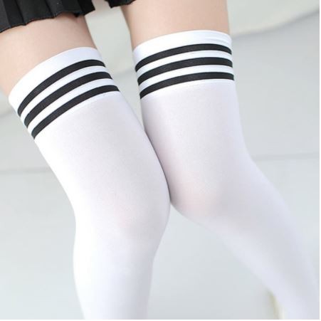 KT-04 Overknee socks kaos kaki panjang sepaha over knee black hitam 3 strip