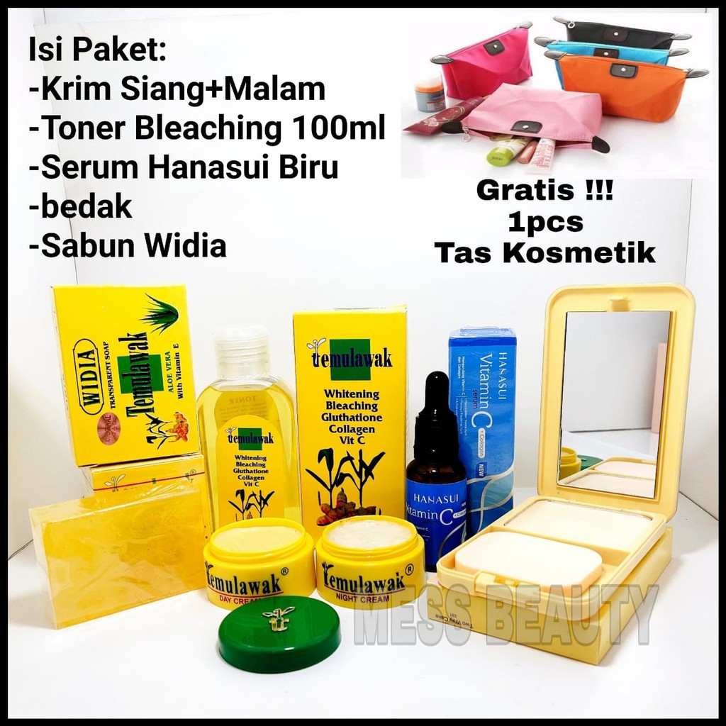GRATIS TAS KOSMETIKPaket Kecantikan Temulawak 6in1 Krim Siang+Malam+Toner Bleaching 100ml+Bedak+Sabu