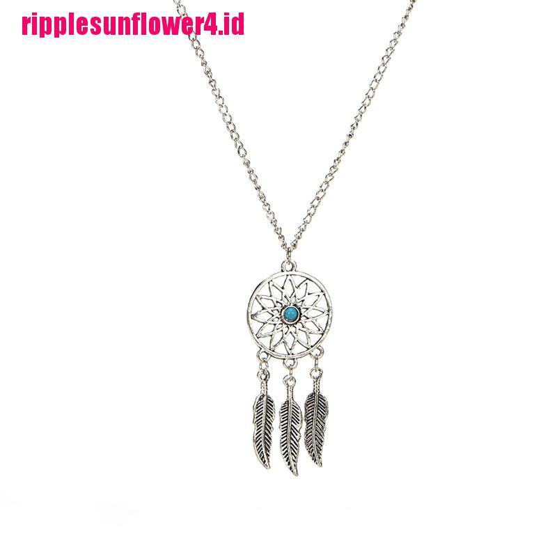 Set Kalung Anting Kait Gantung Desain Dreamcatcher Daun Bulu Gaya Bohemia Untuk Wanita