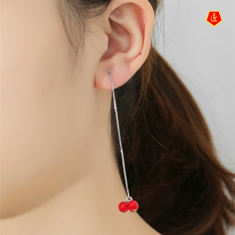 [Ready Stock]Temperamental Sweet Tassel Red Bean Stud Earrings for Women