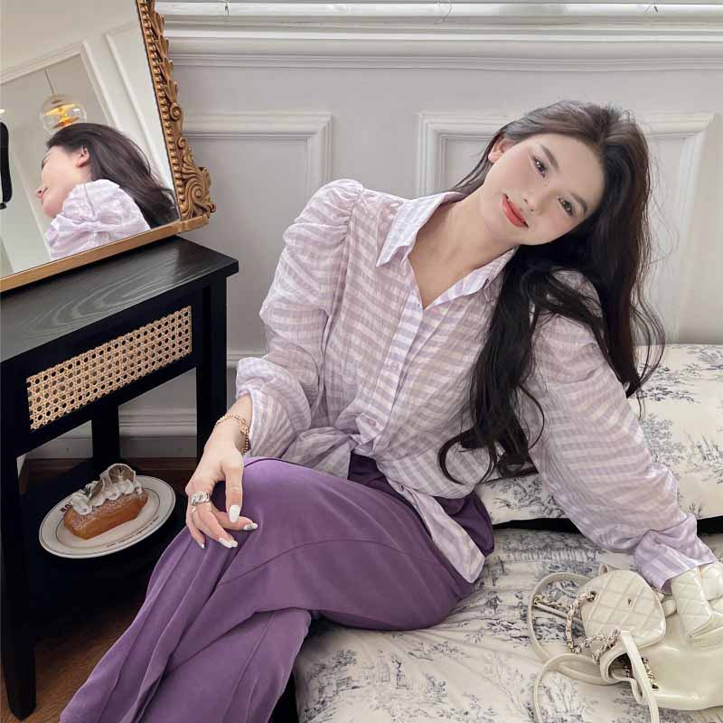 blouse korea kemej puff lengan kemeja kotak-kotak kerah tombol mid-length strap lembut kasual tabir