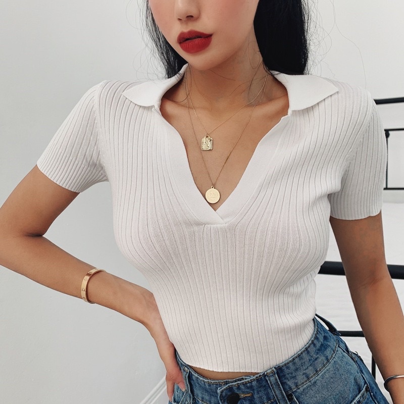 ATASAN WANITA KNIT IMPORT QUALITY TOP CROP KOREAN STYLE BERKERAH MX907