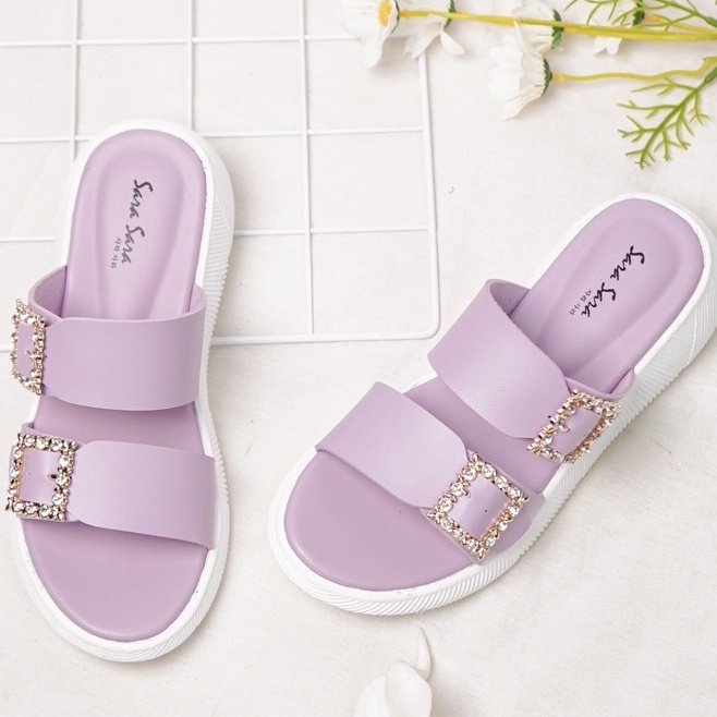 Sara Sara JOA Sandal Slop Wanita Kekinian Gesper Berlian Sendal Selop Cewek Sol Flatform Karet Sandal Wanita Terbaru