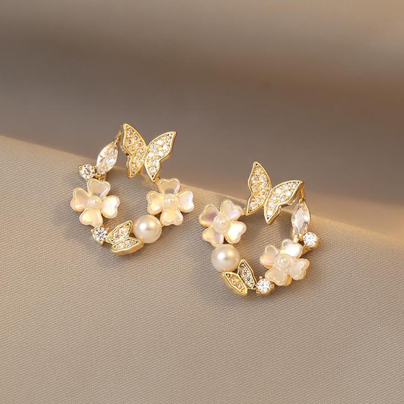 2Pcs Korea Bunga Anting,Mutiara Perak Jarum Kupu-kupu,Perhiasan Fashion Wanita