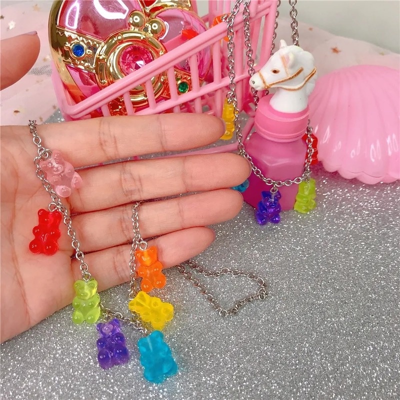 Kalung Choker Handmade Dengan Liontin Kartun Gummy Bear Warna Permen Gaya Korea