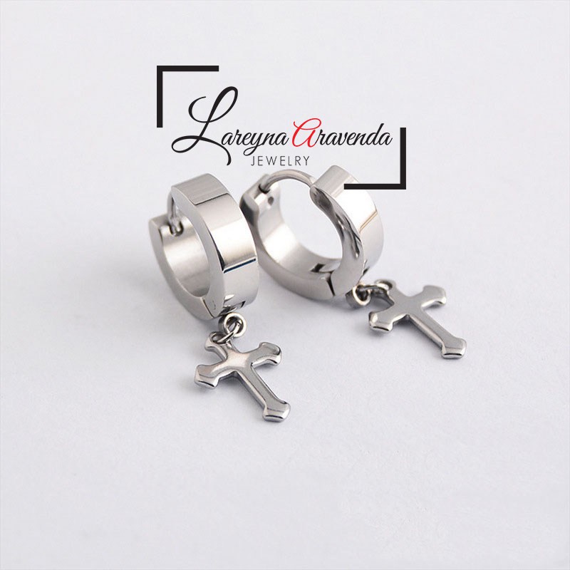 Anting Unisex Titanium Asli Model Salib Gantung ET003