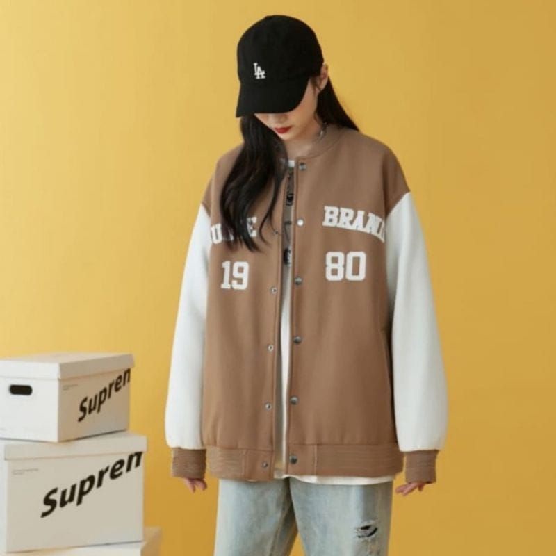 GEJEE BRAND 1980 Jacket Baseball Varcity Oversize | Switer Cewe Cowo Gaya Kasual Fleece Korean Style