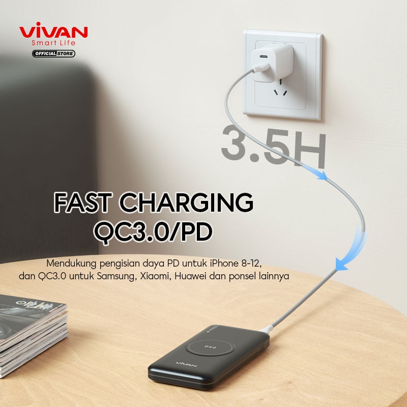 VIVAN Powerbank 10000 mAh VPB-W11 Wireless 3 Output Fast Charging 20W QC3.0 PD Support Semua Type Smartphone-Garansi 1 Tahun