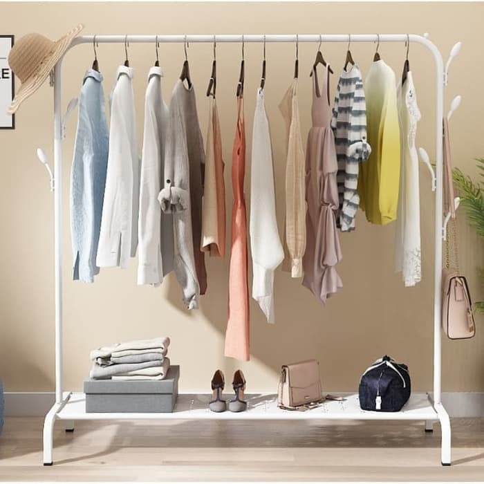PROMO Rak Baju Gantungan Baju Besi Stand Hanger Display Butik Bazar Jemuran Pakaian Stand Hanger Double-Single Minimalis Desain Korea 150132X110X54Cm - Hitam Putih