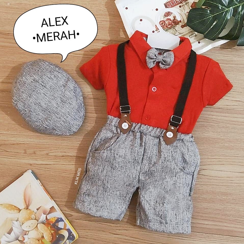 Jumper Anak Bayi Laki-laki / Setelan anak celana suspender  Motif Alex Free Dasi Dan Topi