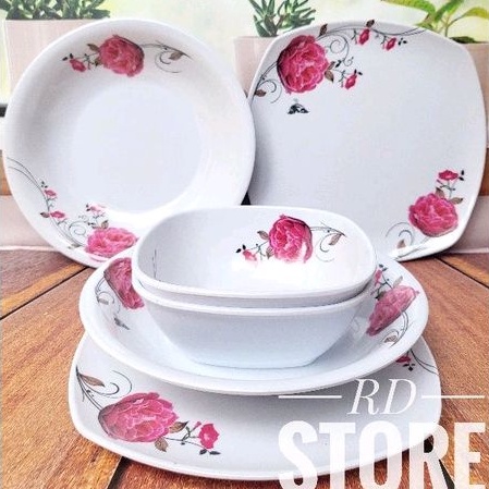 PROMO SET 6.PCS / ISI 2.PIRING KOTAK 2.PIRING MAKAN 2.MANGKOK KOTAK MOTIF ROSE MELAMINE