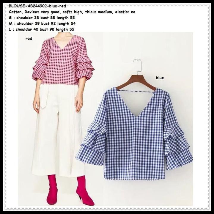 BAJU ATASAN WANITA BLOUSE KOTAK LENGAN BALON MERAH PUTIH BIRU IMPORT