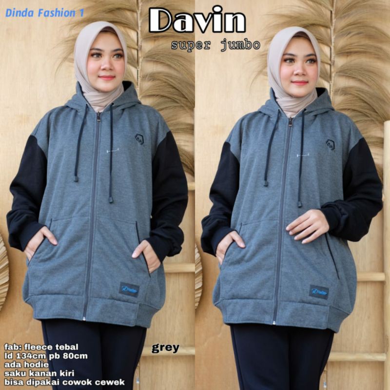 JAKET HOODIE WANITA DAVIN SUPER JUMBO FLEECE TEBAL ORI BY DINDA FASHION LD 134 PB 80 UNISEX LD 134-3