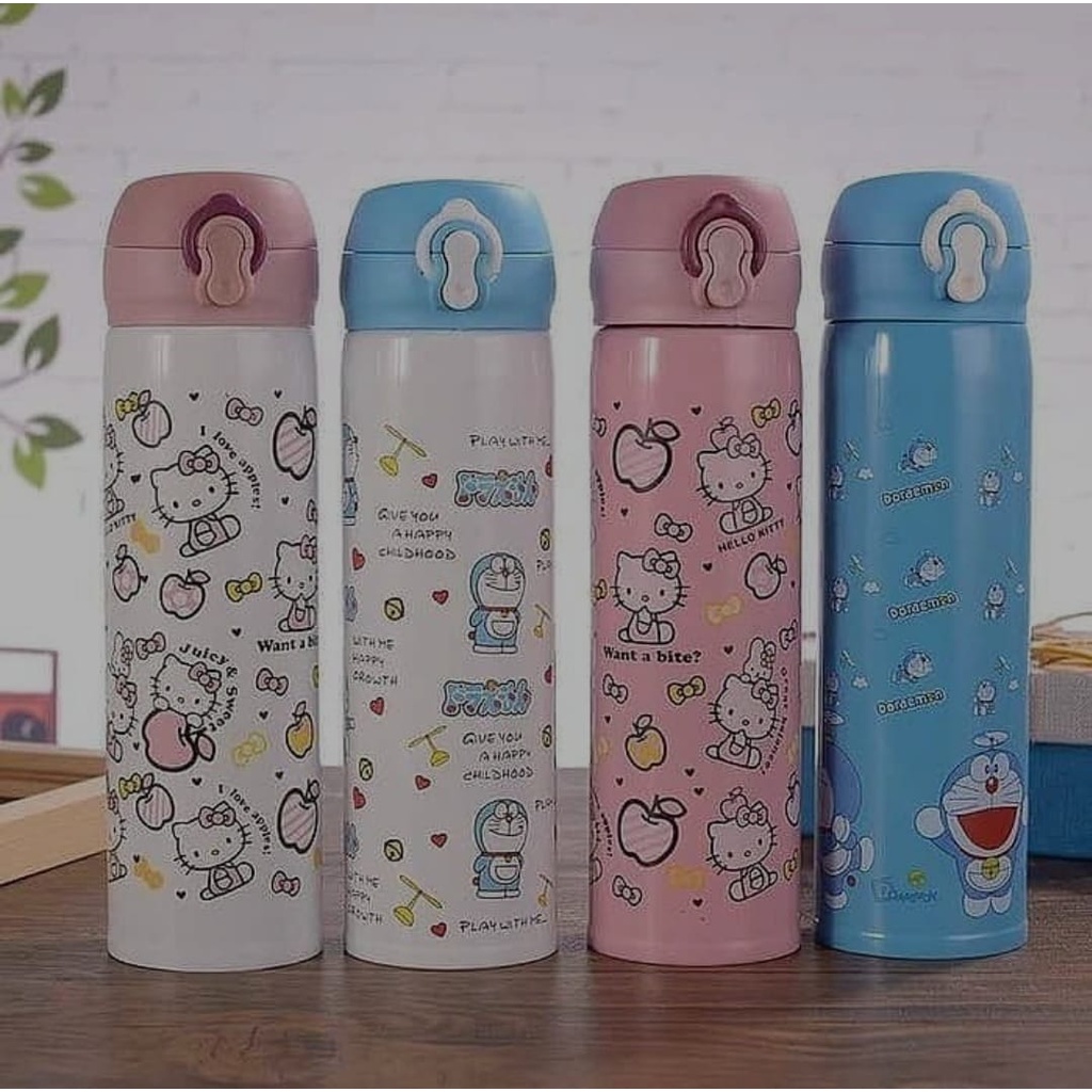 Termos Air Panas 500ml Karakter Doraemon Dan Hello Kitty / Tumbler kancing Stainles Steel Tahan Air 