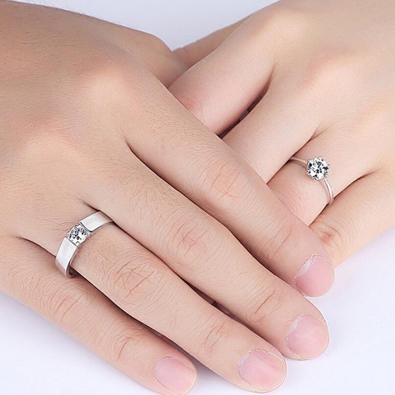 2Pcs Cincin Halo Silver 925 Asli Zirkon Cincin Tidak Pudar Hadiah terbaik（1 pasangan = 2Pcs Cincin)Adjustable Size