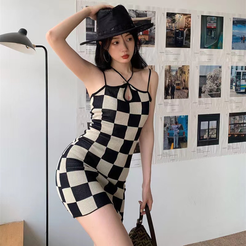 Women Plaid Bodycon Dress Wanita Motif Kotak Kotak 2710