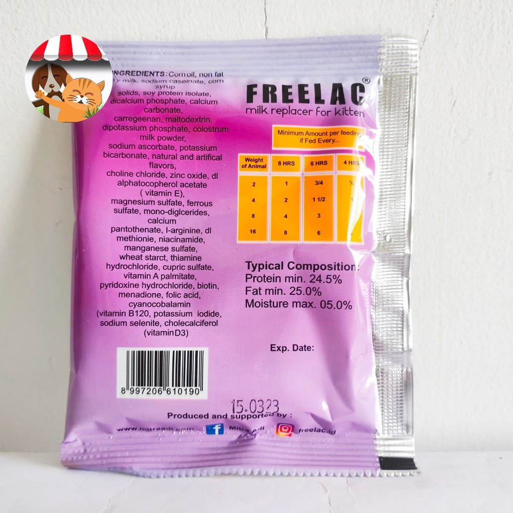 Susu freelac diformulasikan untuk kitten yang 100% bebas laktosa.  Tersedia dalam bentuk sachet (35g