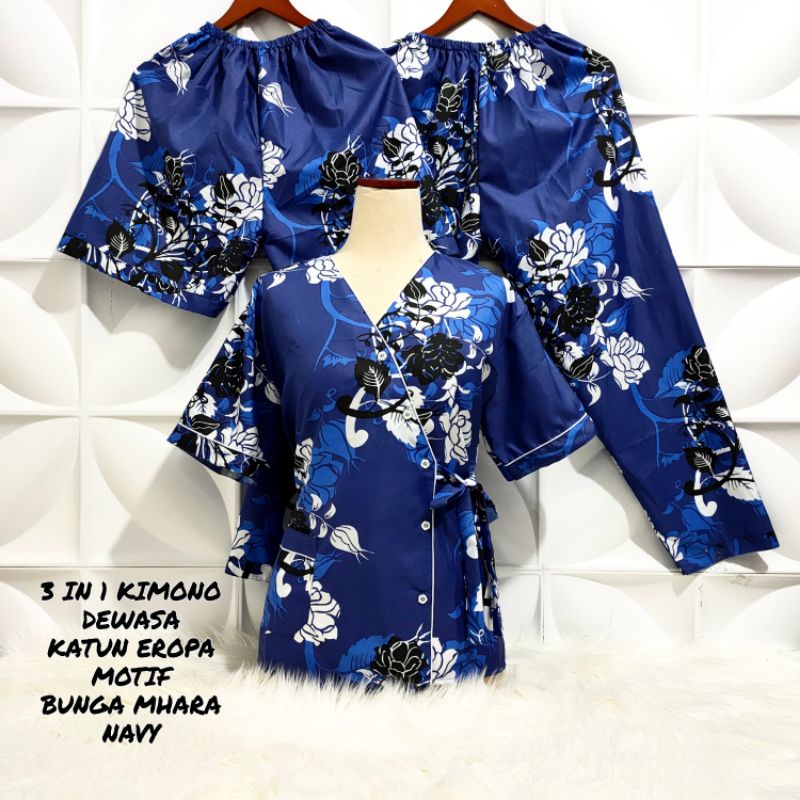 Piyama baju tidur Kimono 3in1 Wanita L-XL-XXL Motif Bunga