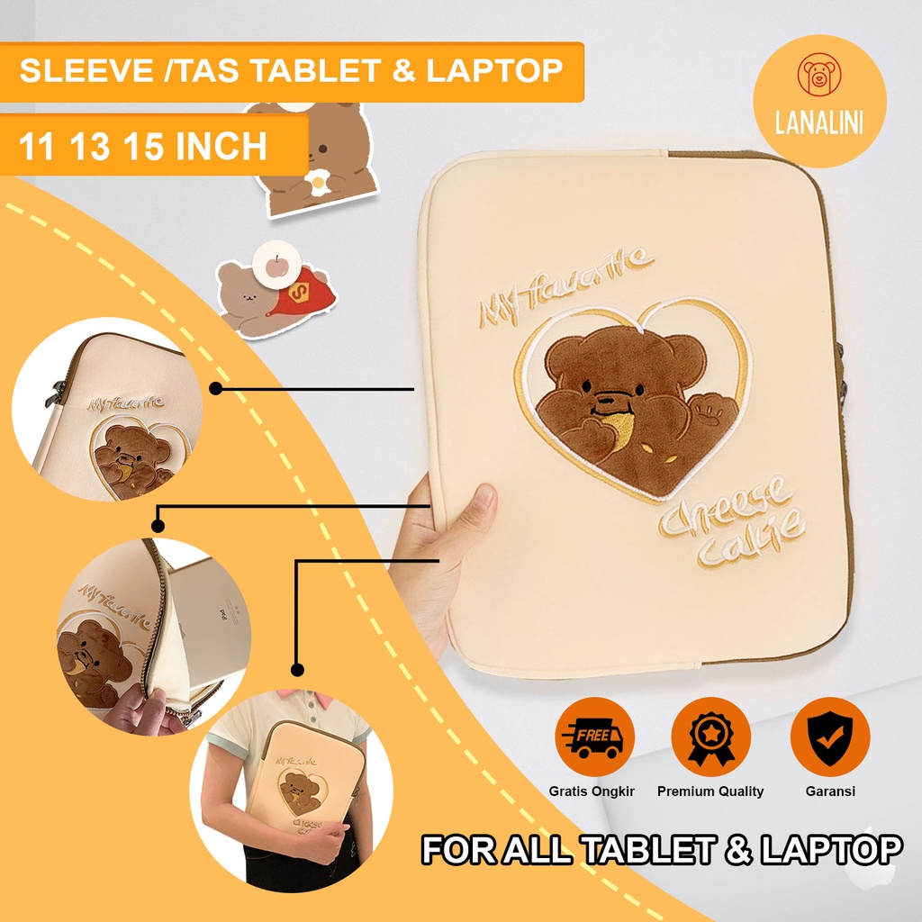 Sleeve Pouch Sarung Tas Bag Case Ipad Tab Tablet Macbook Air Pro Laptop Asus Acer Lenovo HP Huawei 11 12 13 14 15 inch Motif Gambar Bear Beruang Warna Cream Lucu Cute Murah Korean Model