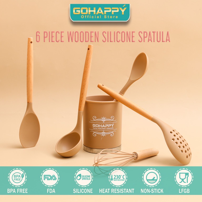 GOHAPPY SPATULA SET Silikon kualitas terbaik dengan wadah sutil utensils set 6 pcs GHX26 PINK OR CHOCO