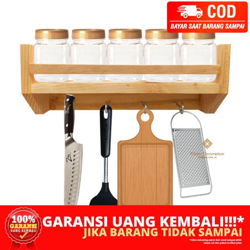 (HOMEDECORA_ID) BERGARANSI SET RAK KAYU GLOSSY + TOPLES JAR BUMBU DAPUR LOCAL MADE NATURAL RUSTIC HA