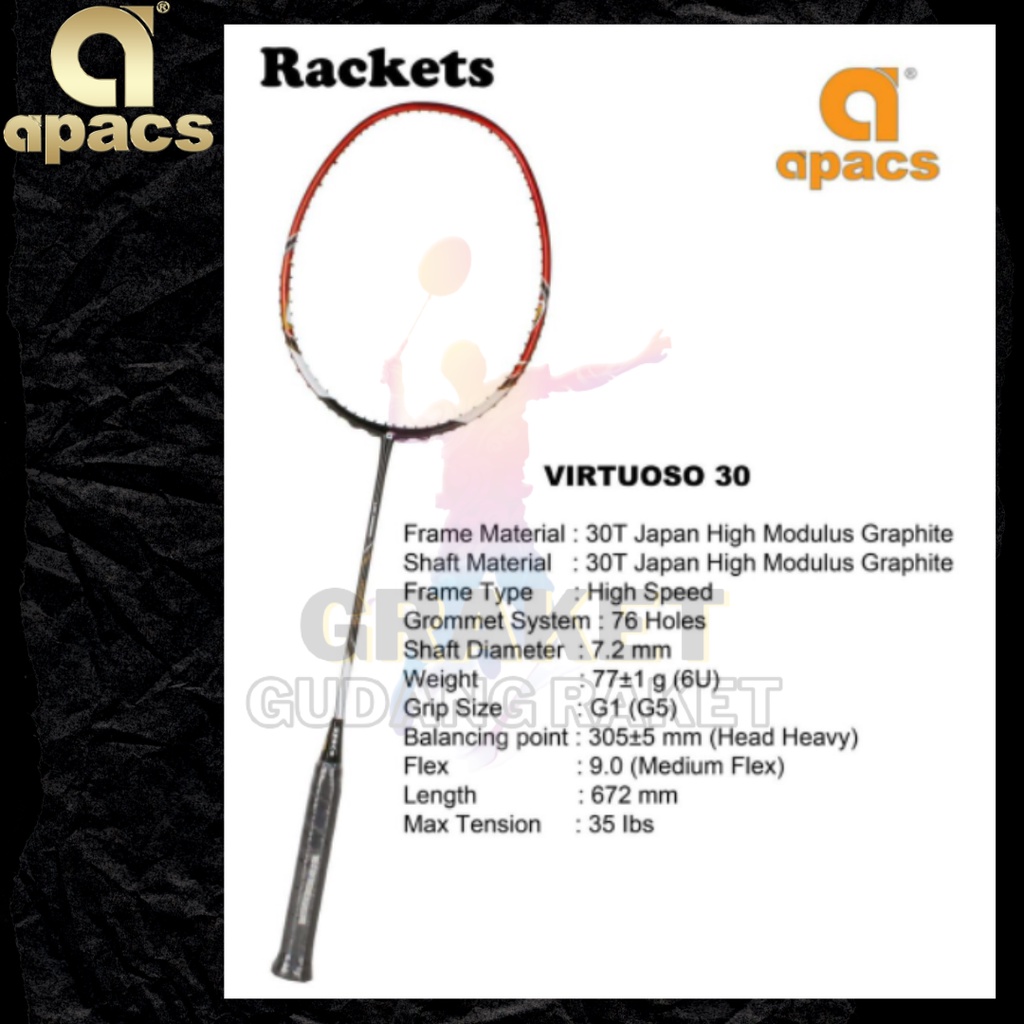 Jual Badminton Raket Merk APACS Type VIRTUOSO 30 (ORIGINAL) Shopee