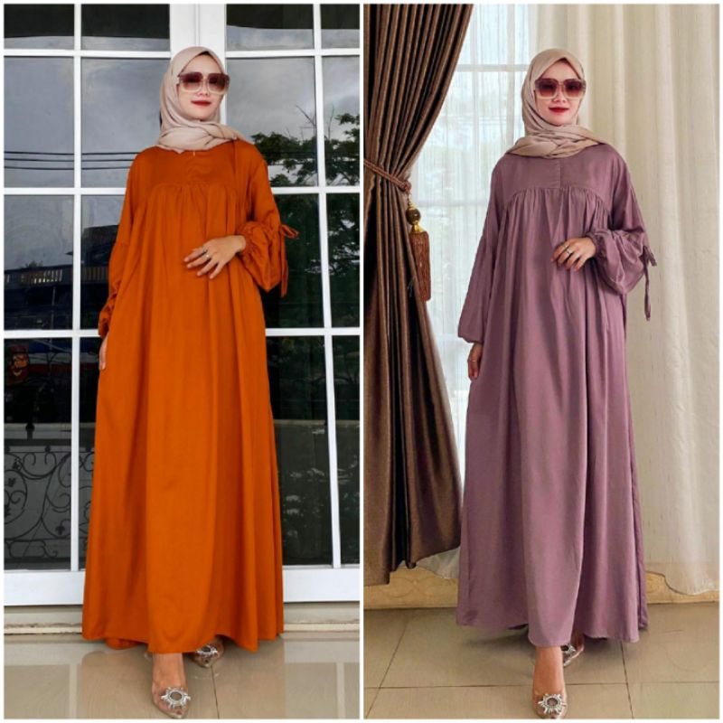 BISA COD AZKIYAHIJAB29 GAMIS RAYON POLOS TANGAN BALON TALI DRESS SYARI POLOS BUSUI JUMBO GAMIS BABYD