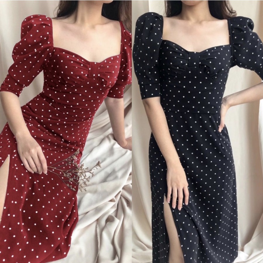 PARTY DRESS KOREAN STYLE POLKADOT U NECK IMPORT PREMIUM ALL SIZE NEW