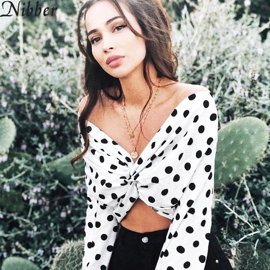 Gratis Ongkir Nibber Women Summer Crop Tops Dot Printing Off Shoulder Sleeve Sexy Beach Tops 2018