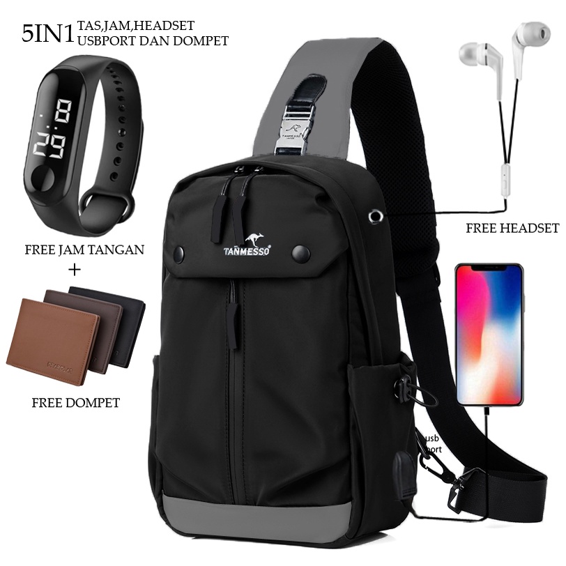 5IN1 BAYAR DITEMPAT-BONUS JAM LED,DOMPET &amp; USBPORT&amp;HEADSET TAS SELEMPANG PRIA