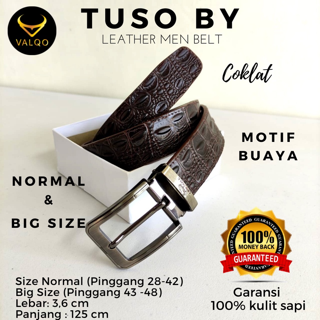 [VALQO] TUSO BY Ikat Pinggang Sabuk kulit sapi Motif Buaya Coklat Pria Cowok Tusuk Normal dan Besar Big Size COD  MODEL Tusuk/lubang