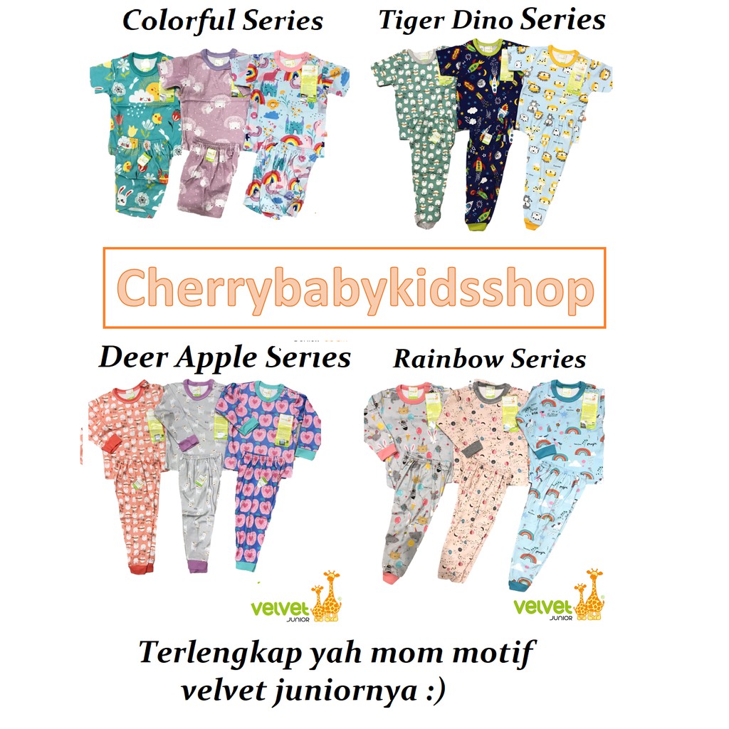Setelan Velvet Junior Pendek / Panjang Rainbow Tiger Dino Colorful Deer Apple SML CBKS