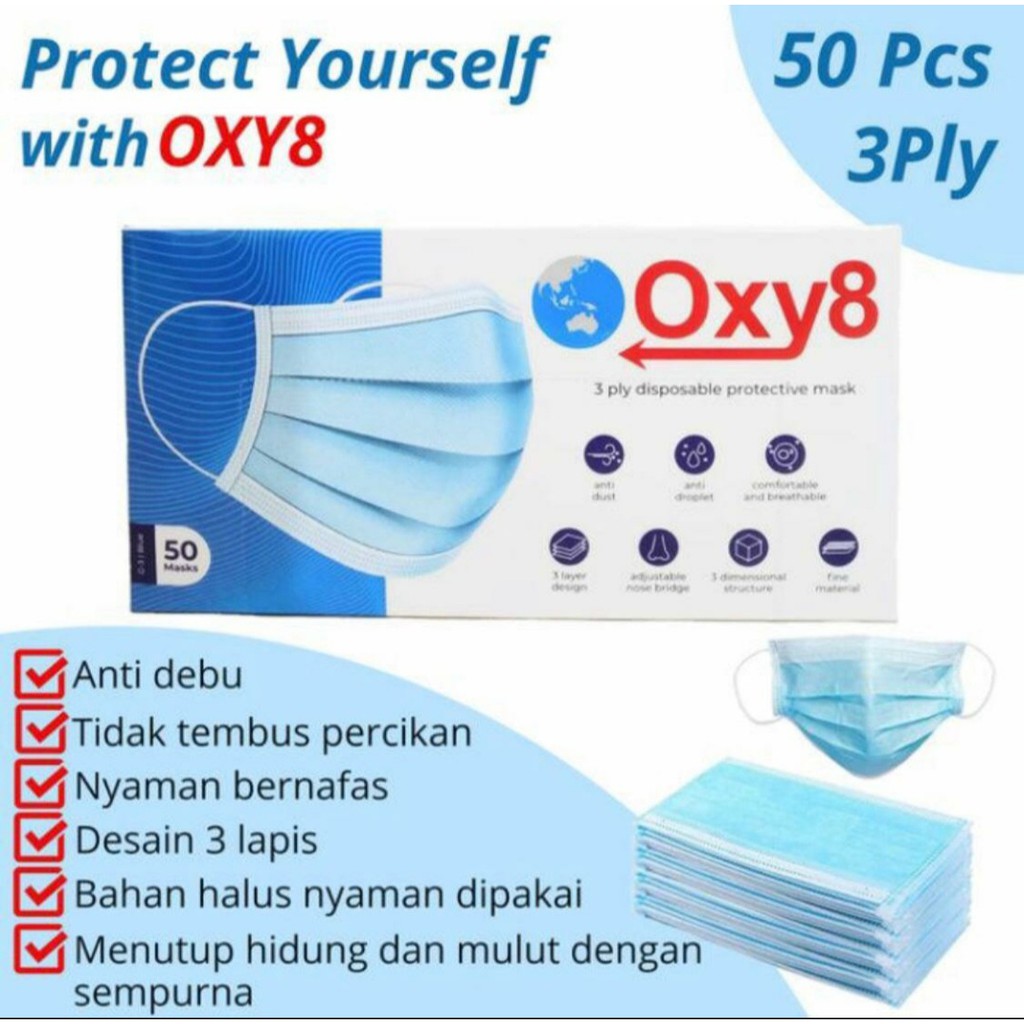 50 PCS MASKER DISPOSABLE BEDAH MEDIS OXY8 RESMI IZIN DEPKES KEMENKES 3 PLY