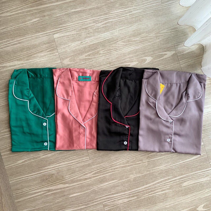 PIYAMA WANITA TERBARU BAJU TIDUR SETELAN CELANA PANJANG SATIN IMPORT MOTIF POLOS MERAH CABE