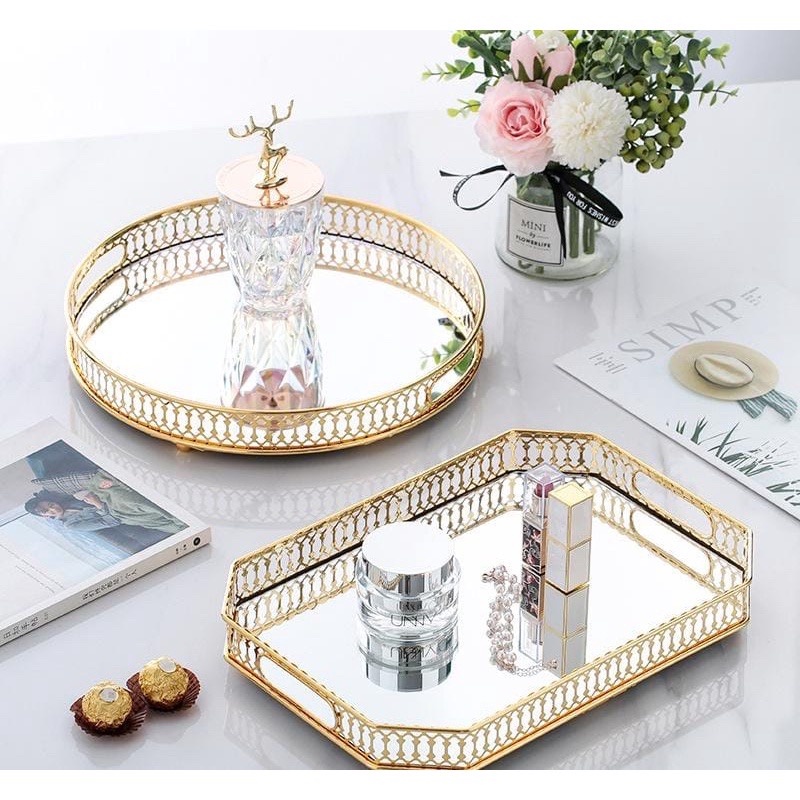 Nampan Dekorasi Home Tray Ekslusif Mirror Gold Baki Mewah Aksesoris Luxury Kaca