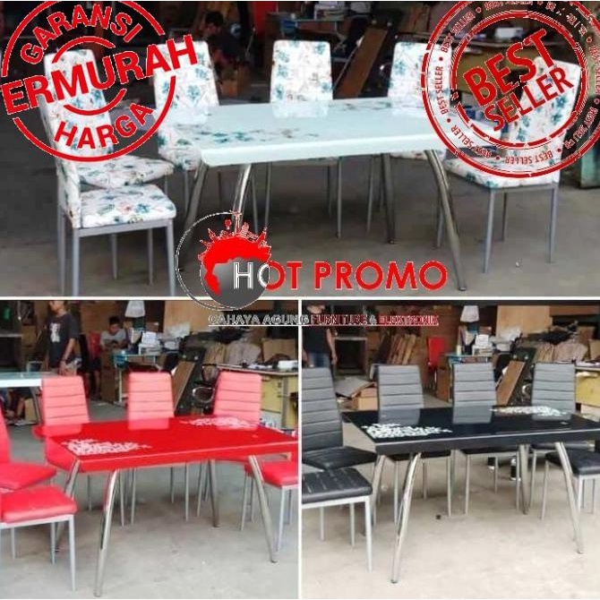 Dinning Set Meja Makan 1 Meja 6 Kursi Kaca Kaki Stainless - Putih Rendisuhedi