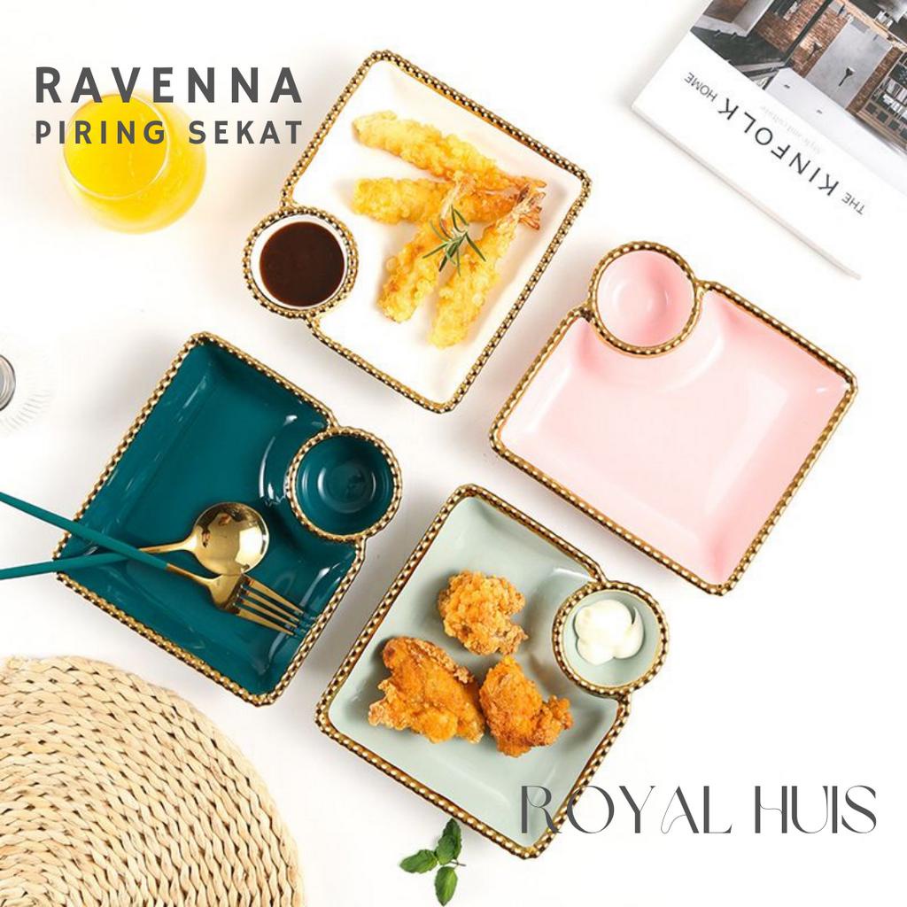 Piring Keramik Kotak Dengan Sekat Tempat Saos Elegant List Gold Mewah / Piring Saji Keramik Sekat Li