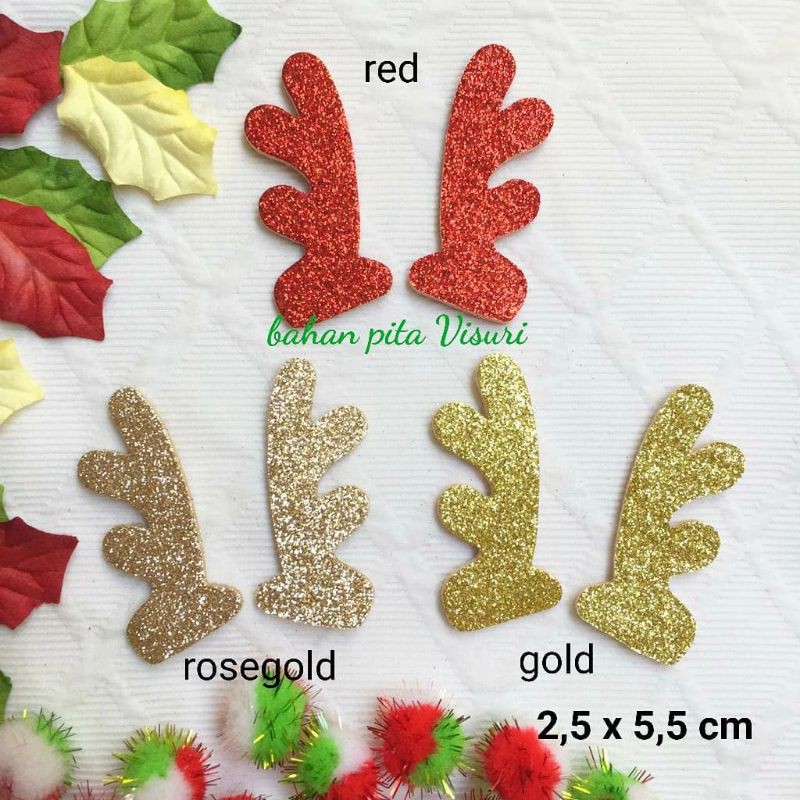 Aplikasi Tanduk Natal Gliter 2 sisi 2,5 x 5,5 cm Perpasang