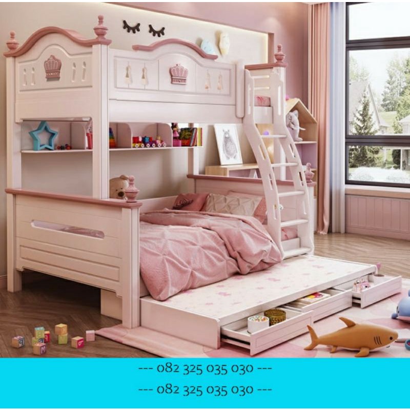 Kasur Anak Tingkat 3 Multifungsi Laci, Tempat Tidur Custom Anak Perempuan, Ranjang Tingkat 2 Anak La