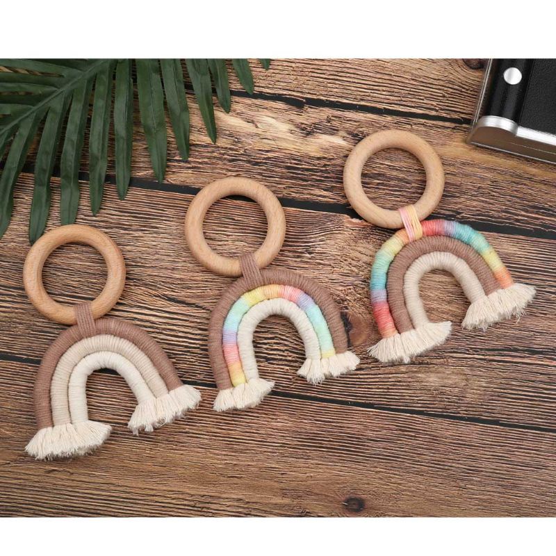 Mary Mainan Teether Ring Kayu Macrame Rumbai Boho Untuk Dekorasi Stroller Bayi