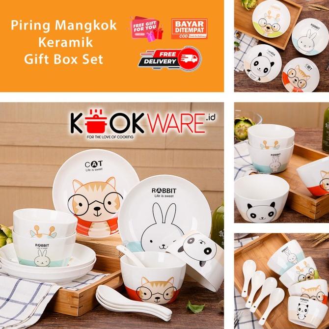 Piring Mangkok Keramik Set Makan Anak Tahan Panas Oven Motif Binantang